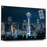 Acrylic print of Seattle skyline with muted blue and gray tones, suitable for bedroom or dining room decor.