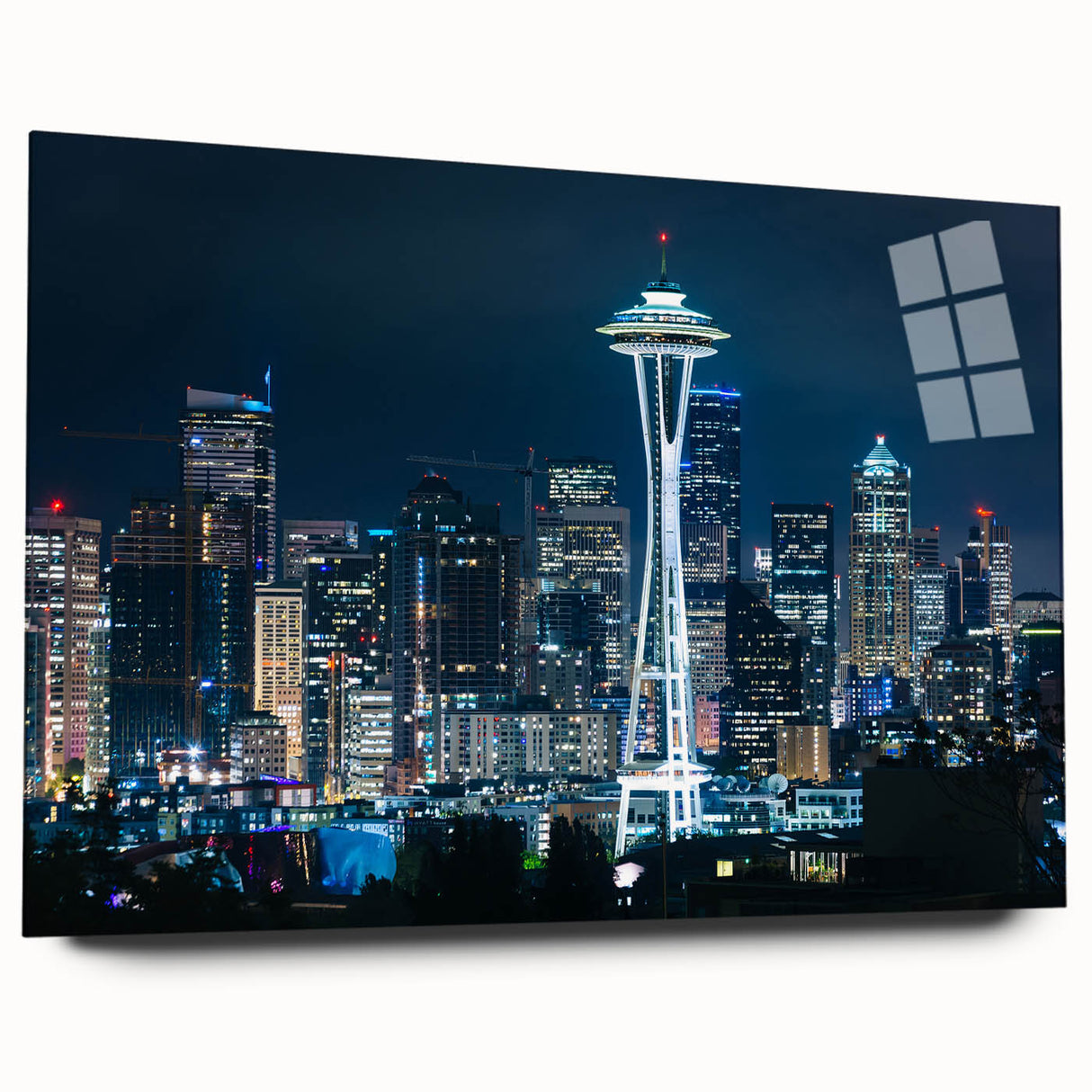 Acrylic print of a large abstract depiction of the Seattle skyline in cool blue and gray tones.