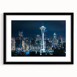 Extra large abstract art print of Seattle skyline in vibrant colors on a textured canvas, ideal for living room decor.