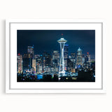 Abstract art print of Seattle skyline in muted gray and blue tones on a framed white canvas, ideal for dining room decor.