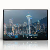 Large abstract wall art depicting the Seattle skyline in muted gray and blue tones, framed in black acrylic.