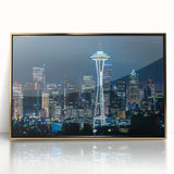 Framed acrylic print of Seattle skyline in muted gold tones, ideal for modern art wall decor.