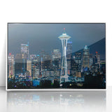 Acrylic print of Seattle skyline in art deco style with muted blue and white tones, ideal for modern nursery wall art.