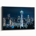 Black and white framed canvas of Seattle landscape, featuring vintage poster art style, ideal for bedroom wall decor.
