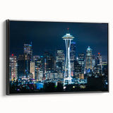 Black and white framed canvas of Seattle landscape, featuring vintage poster art style, ideal for bedroom wall decor.