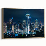 Framed canvas of a vintage Seattle landscape in black and gold tones, ideal for bedroom wall art.