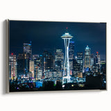 Framed canvas featuring a vintage-style landscape art painting of the Seattle skyline.