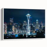 Vintage poster art of Seattle skyline in vibrant colors on a framed canvas, ideal for living room decor.