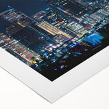 Art deco poster of Seattle skyline in muted blue and gray tones on rolled canvas.