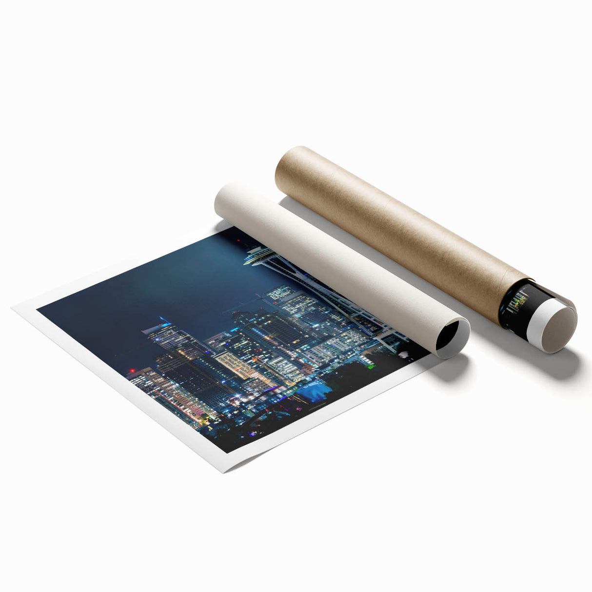 Extra large rolled print of Seattle skyline with soft floral accents in pastel shades.
