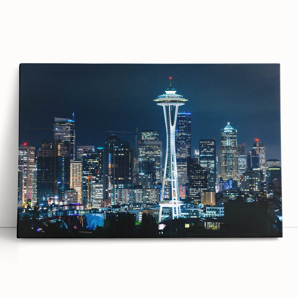 Black and white stretched canvas of Seattle skyline, ideal for kitchen wall art or bedroom decor.