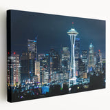 Side view of a large stretched canvas featuring the Seattle skyline in muted blue and gray tones, ideal for kitchen wall art.
