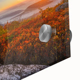 Large abstract depiction of West Virginia scenery in muted earth tones on acrylic glass, ideal for dining room art.