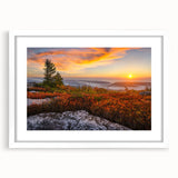 Abstract art print of West Virginia scenery in muted earth tones, framed with a white mat, ideal for dining room decor.