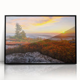 Large abstract wall art depicting West Virginia scenery in muted earth tones on a black-framed acrylic print.