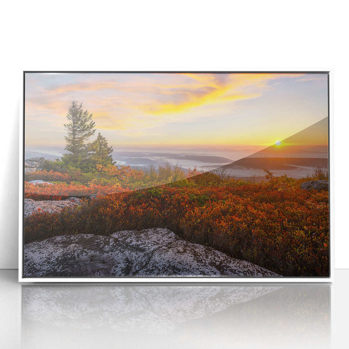 Acrylic print of a West Virginia landscape in muted earth tones, framed in white, ideal for modern nursery decor.