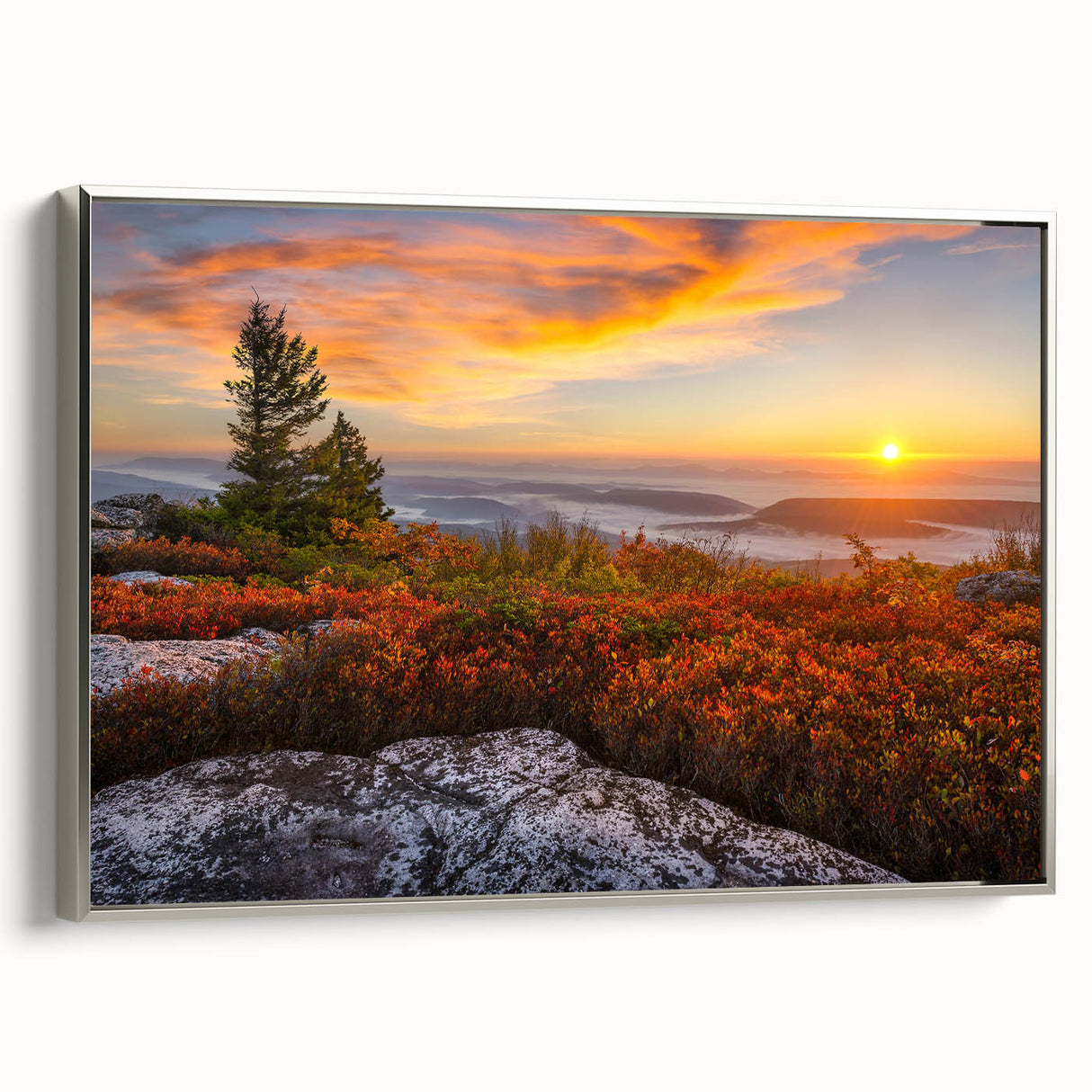 Framed canvas landscape art painting of West Virginia, featuring vibrant autumn colors, ideal for living room decor.