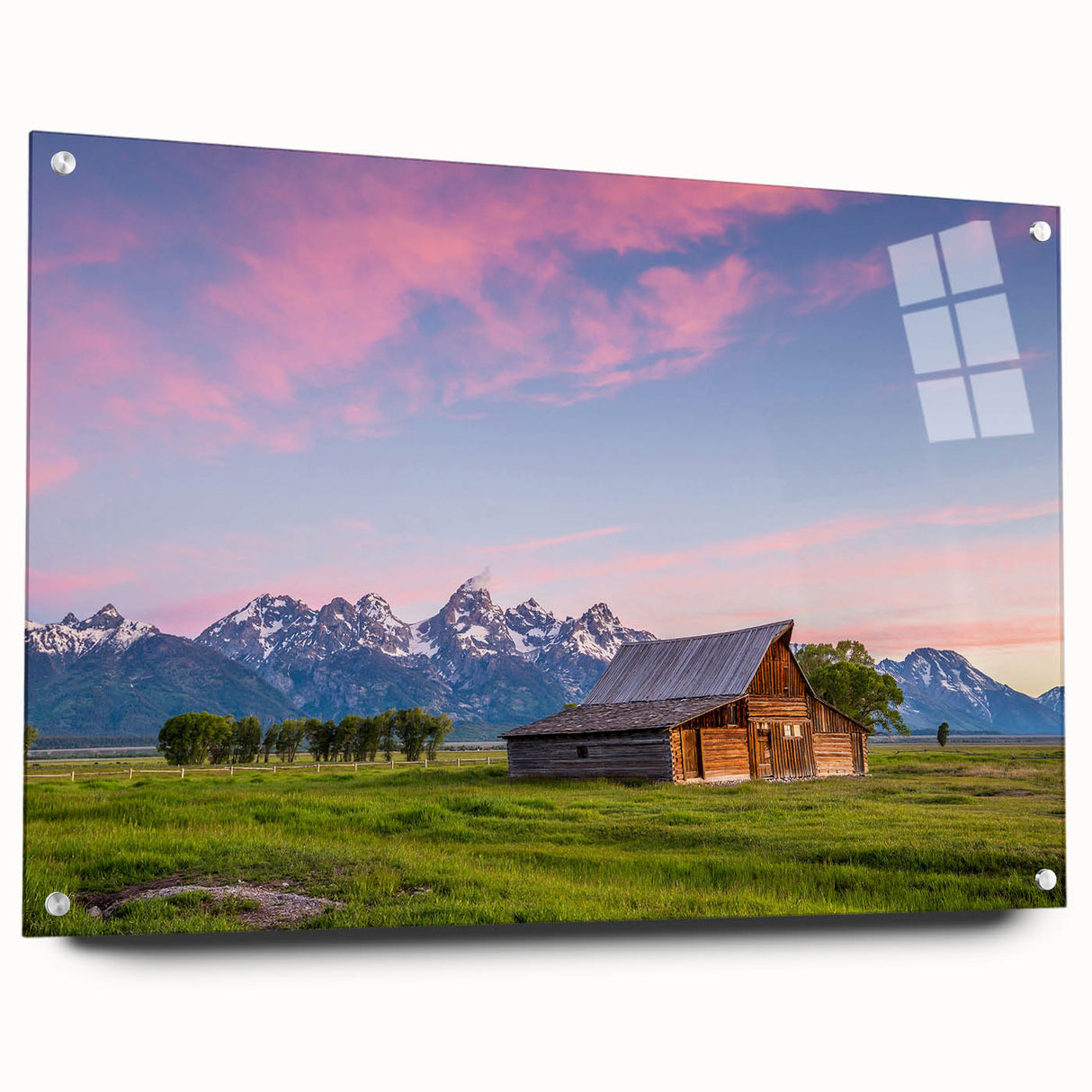 Acrylic print of the Grand Tetons with muted natural colors, ideal for bedroom or dining room decor.