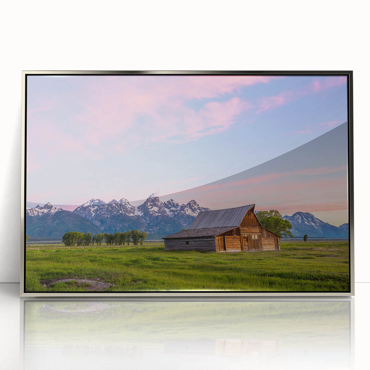 Mid-century modernist art of Grand Tetons landscape in muted earth tones on a framed acrylic, suitable for nursery wall art.