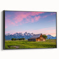 Black and white wall art of the Grand Tetons on a framed canvas, suitable for bedroom decor.