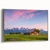Framed canvas of the Grand Tetons landscape in Wyoming, featuring vibrant colors and vintage poster art style.
