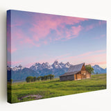 Grand Tetons landscape on large stretched canvas, featuring serene blue and green tones, suitable for kitchen wall art.