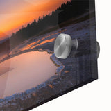 Large abstract depiction of Yellowstone scenery in muted earth tones on acrylic glass, suitable for dining room art.