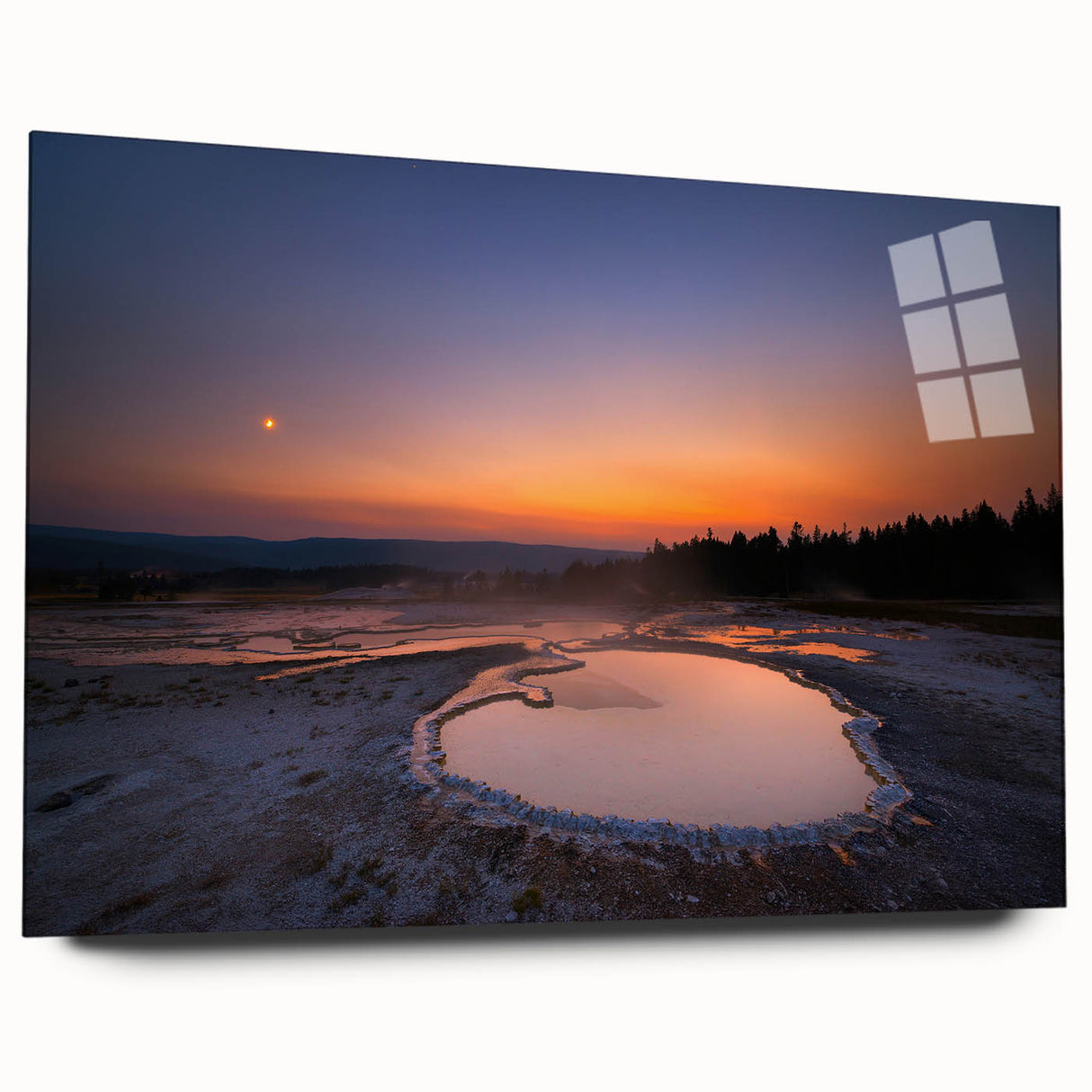 Yellowstone National Park scene on large acrylic glass, featuring vivid blue and green tones.