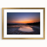 Extra large textured abstract art print of Yellowstone scenery in muted earth tones, framed in gold.