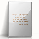 Art deco poster of fall foliage in muted orange and brown tones, framed in white acrylic, suitable for modern nursery decor.