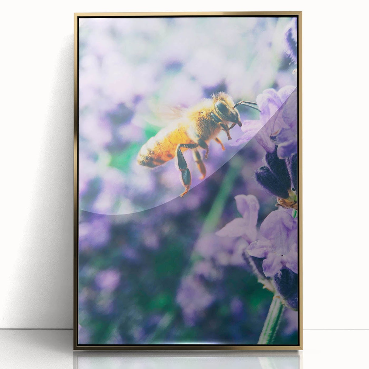 Large art print of a mid-century modernist spring scene in pastel shades on a framed acrylic, ideal for nursery wall art.