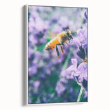 Vintage poster art of spring season on framed canvas, featuring colorful floral motifs on a black background.