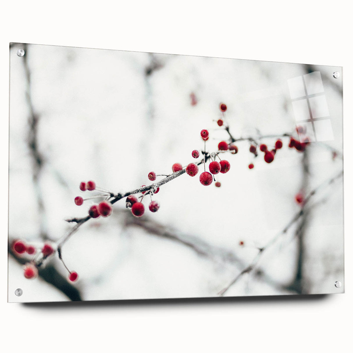 Winter-themed large abstract wall art on acrylic glass, featuring cool blue and white tones.