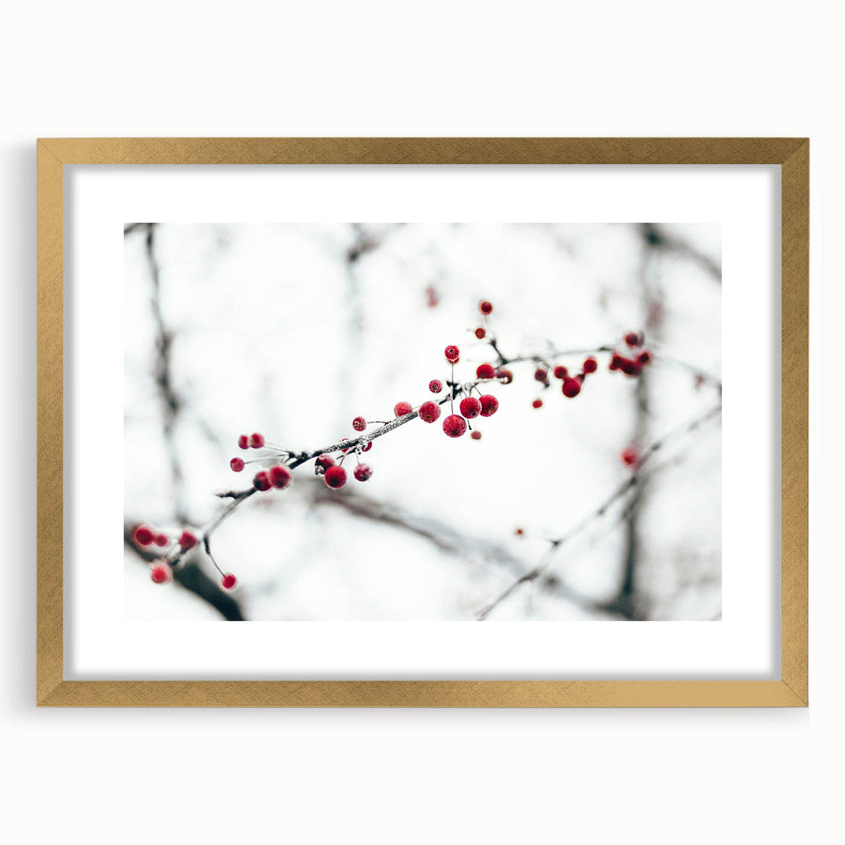 Extra large abstract art print featuring textured winter scene in muted blue and white tones, framed in gold.