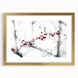Extra large abstract art print featuring textured winter scene in muted blue and white tones, framed in gold.