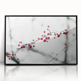 Large abstract wall art depicting a winter scene in muted blue and white tones, framed in black acrylic.