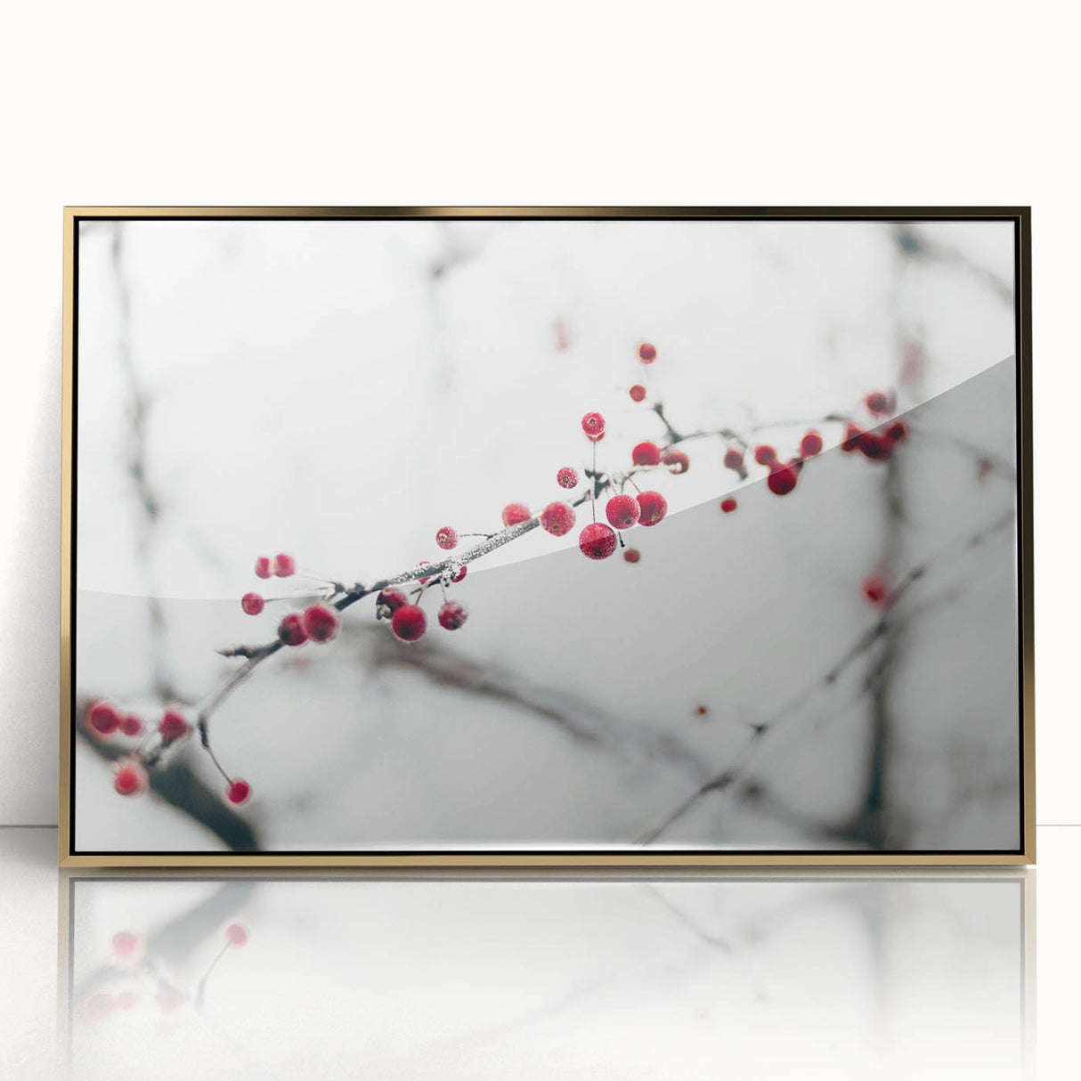 Mid-century modernist winter scene in muted blue and white tones, framed acrylic, ideal for nursery wall decor.