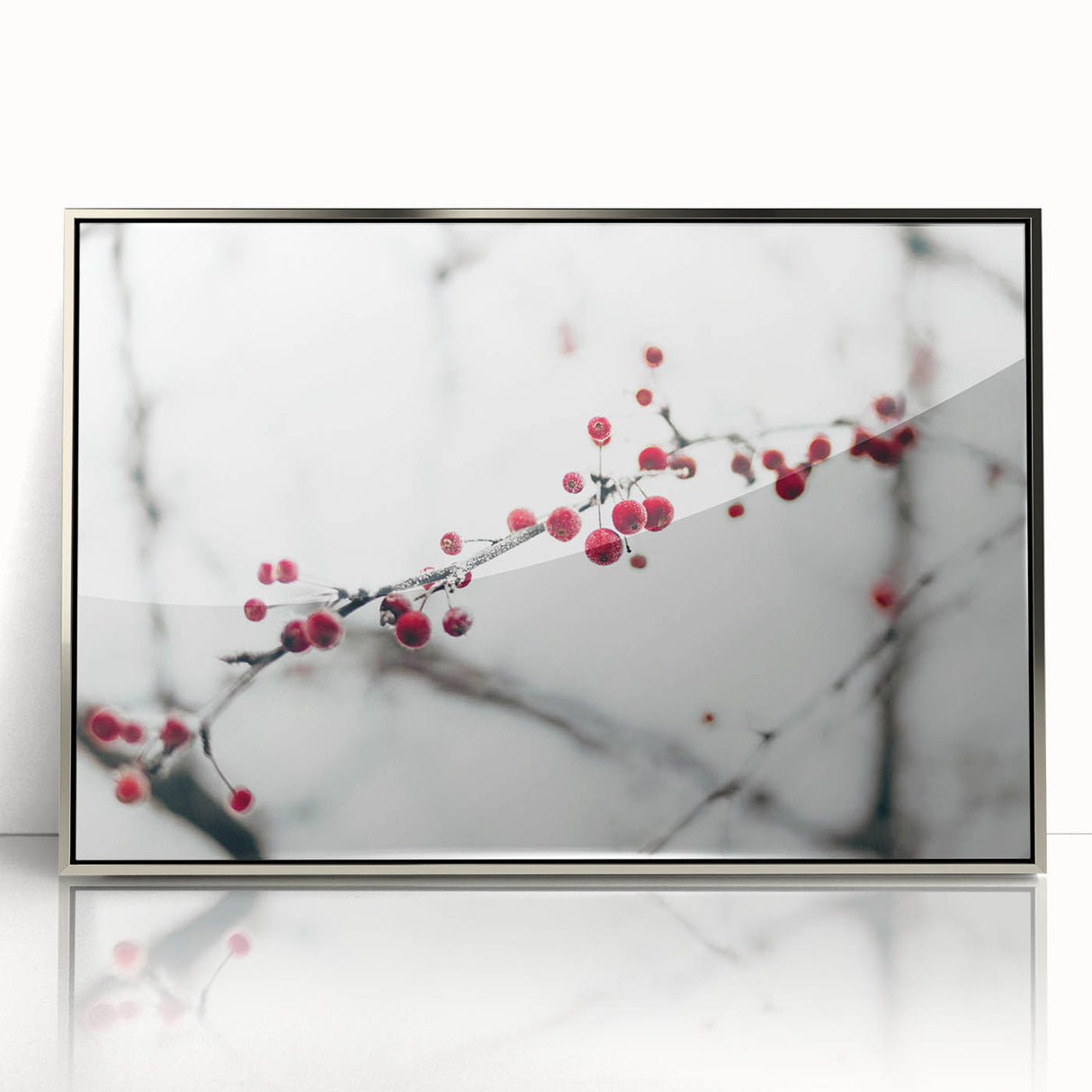 Mid-century modernist art depicting a winter scene in muted blue and white tones, framed acrylic.