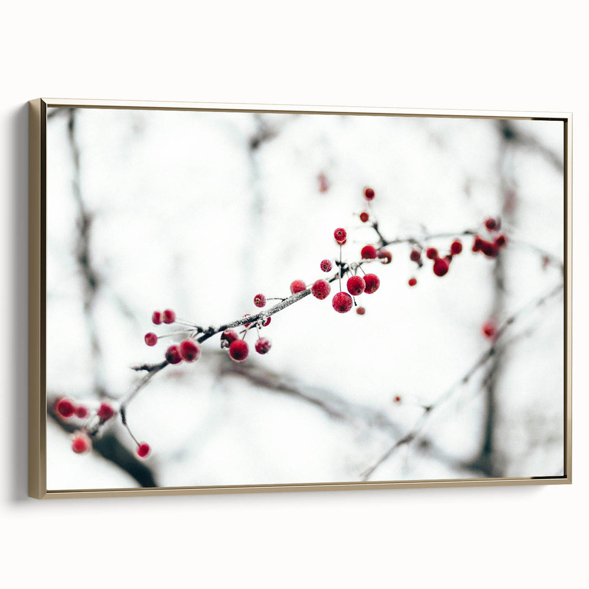 Winter landscape painting on framed canvas with muted blue and white tones, ideal for bedroom wall decor.