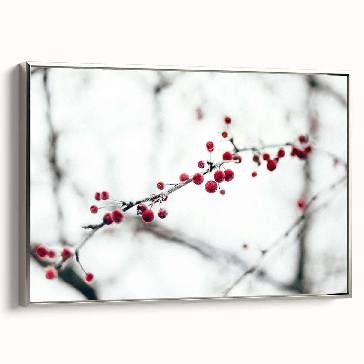 Winter landscape art painting on framed canvas, featuring muted blue and white tones, ideal for living room decor.