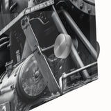 Large abstract wall art featuring mid-century modernist vehicles in muted blue and gray, acrylic print.