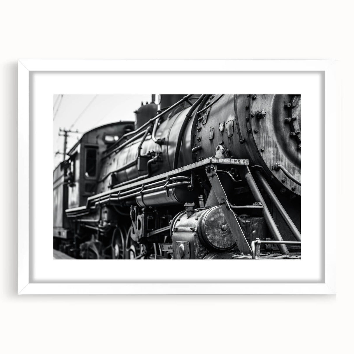 Abstract art print featuring assorted vibrant vehicles on a white background, framed in white.