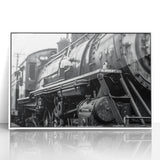 Framed acrylic print featuring art deco style vehicles in monochrome shades, suitable as modern nursery wall decor.