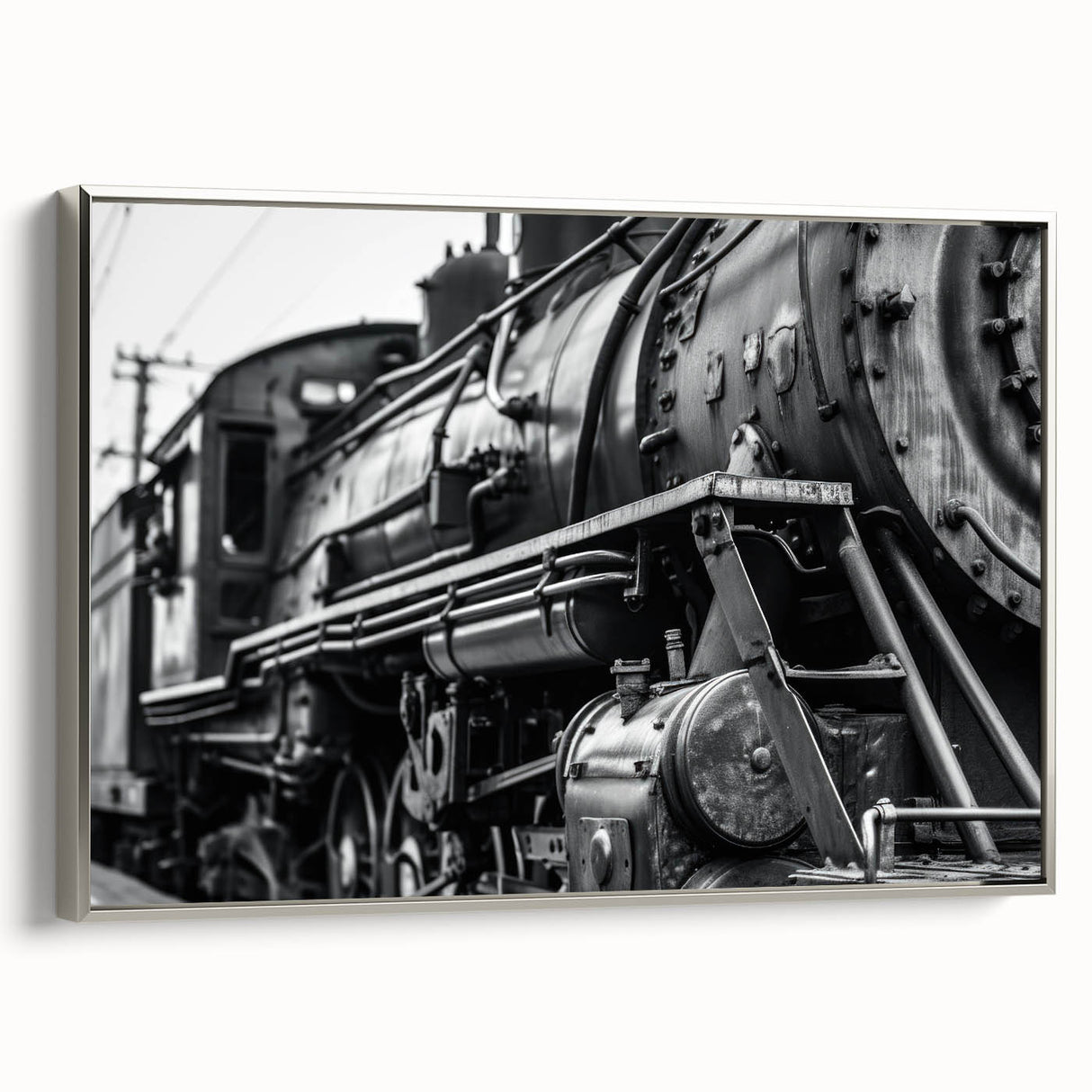 Framed canvas featuring a vintage poster of colorful, assorted vehicles in a landscape, ideal for an office or study room.