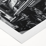 Art deco poster featuring sleek cars and trains in muted metallic colors on rolled canvas, suitable for dining room decor.