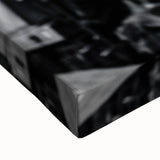 Large art, black and white landscape painting on stretched canvas, featuring a detailed city transportation scene.