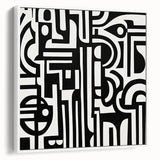 Abstract geometric wall art canvas framed in white, showcasing intricate patterns and modern design elements, ideal for contemporary home decor.
