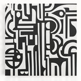 Abstract geometric stretched canvas art in vibrant colors of blue, yellow, and red, showcasing modern design elements, ideal for contemporary home decor and interior styling.