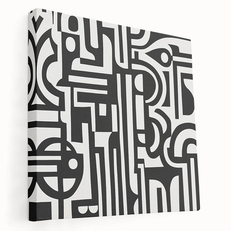 Abstract geometric stretched canvas artwork showcasing vibrant colors and bold shapes, displayed in a side view to highlight its depth and texture, ideal for modern decor.