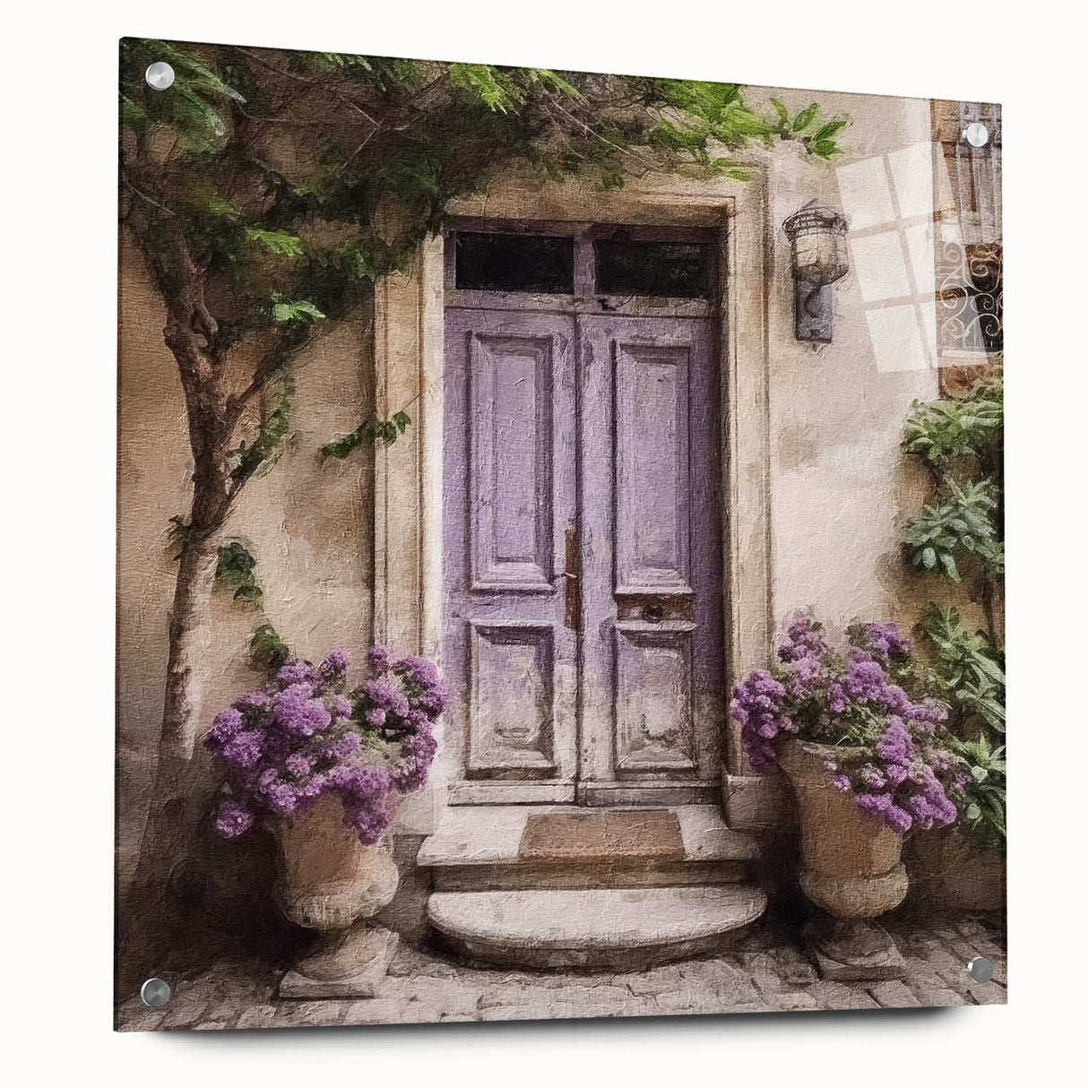 Acrylic print of a French door architecture design in muted beige and white, suitable for dining room decor.